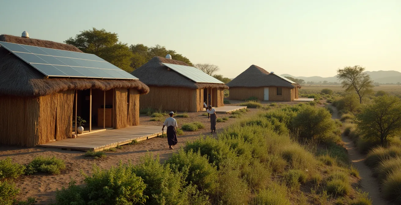 Nachhaltige Safari-Lodge mit Solarpanels und lokalen Mitarbeitern bei der Arbeit