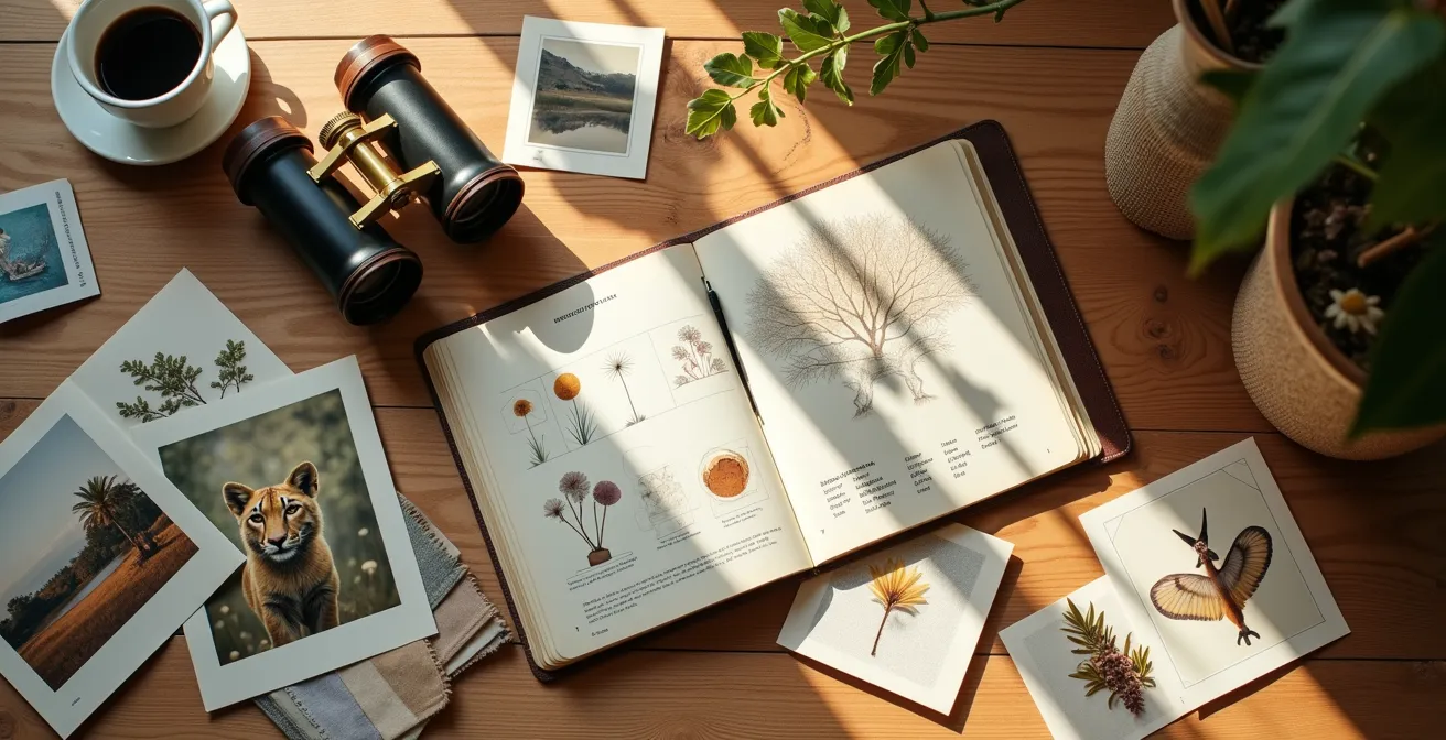 Kreativer Planungstisch mit Safari-Inspirationsbildern und Notizen