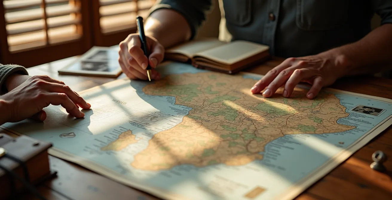Safari-Experte zeigt auf detaillierte Afrika-Karte während persönlicher Beratung