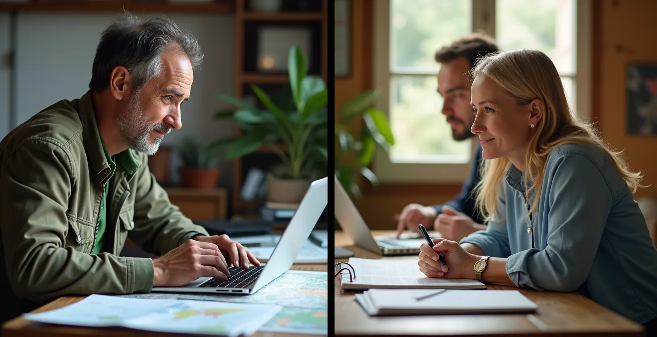 Geteilte Szene, die den Vergleich zwischen einem Selbstplaner mit Karten und einem Paar in einer Reisebüroberatung zeigt.