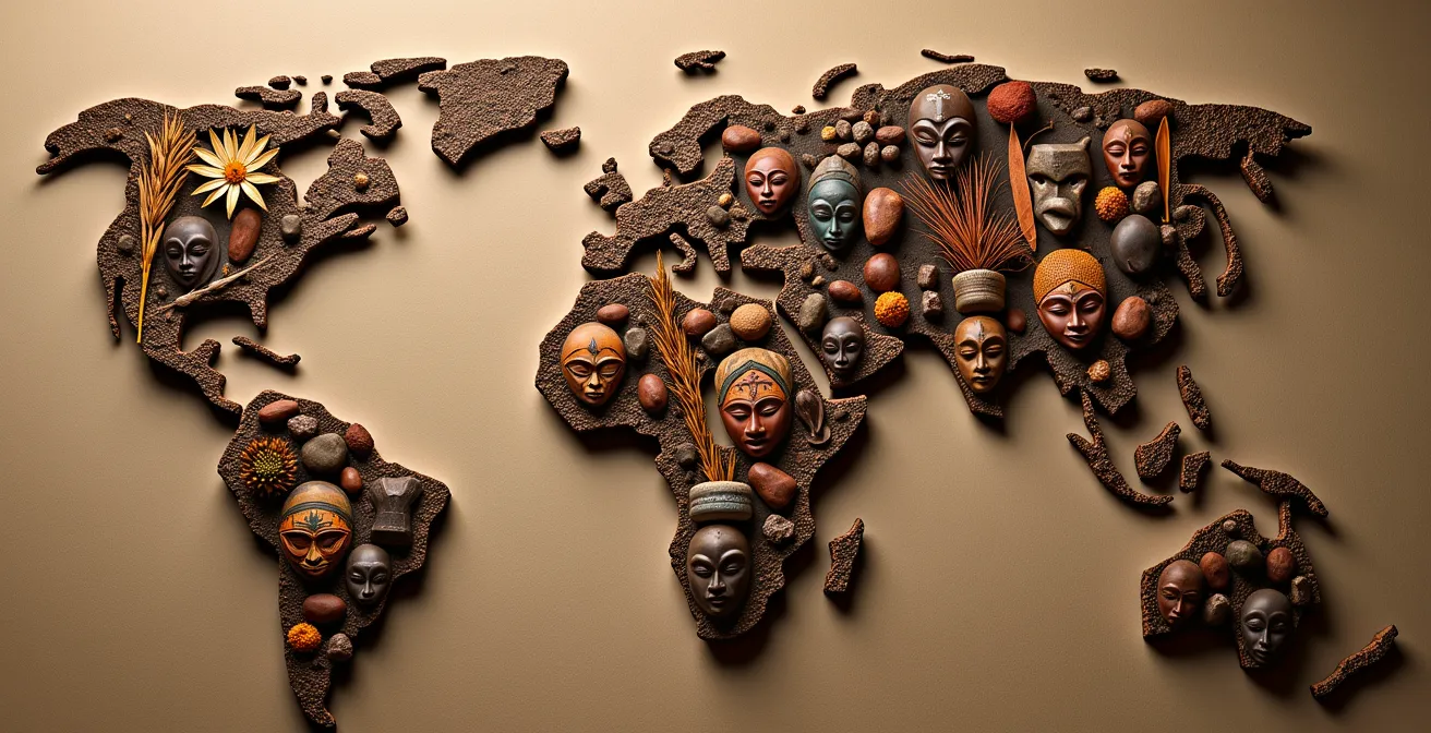 Stilisierte Landkarte Afrikas mit hervorgehobenen Kultur-Safari-Regionen