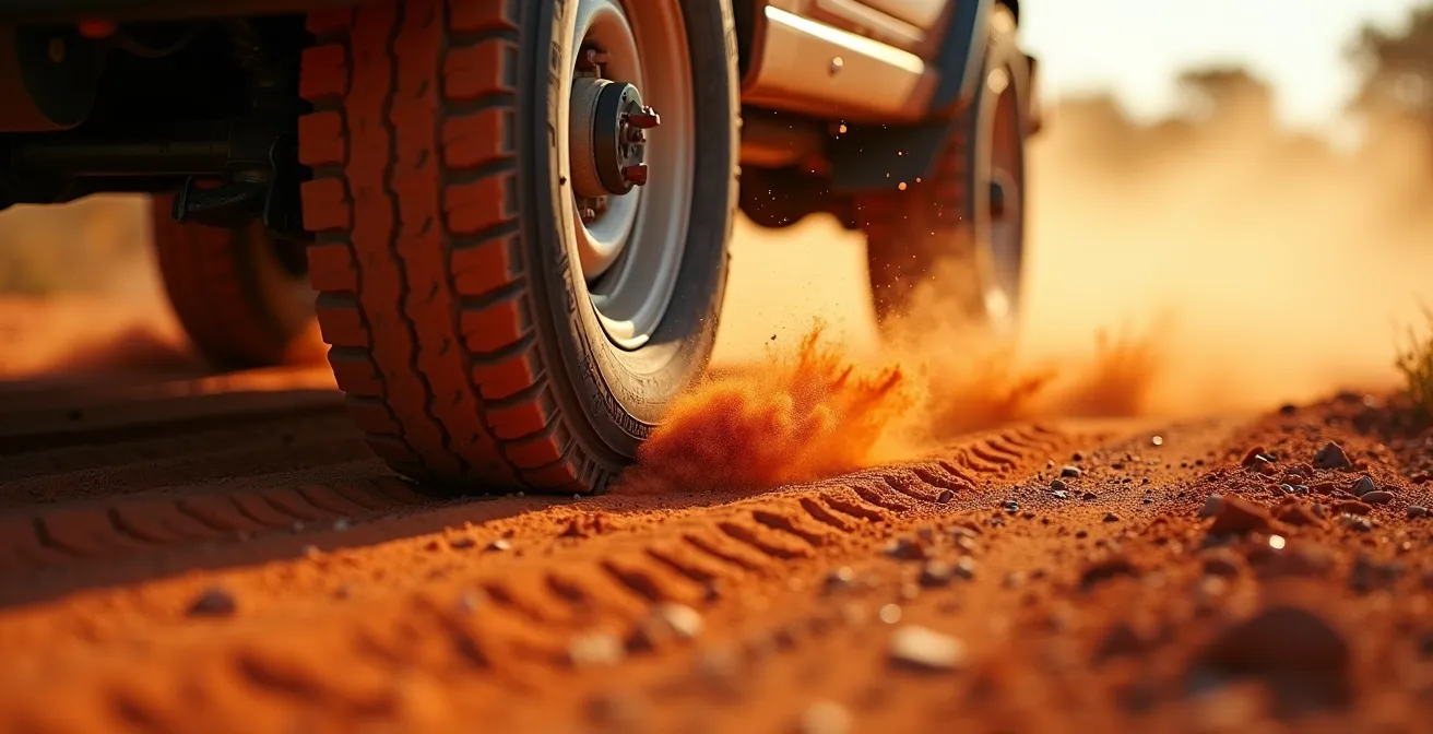 Safarifahrzeug navigiert langsam über staubige Wellblechpiste in Afrika