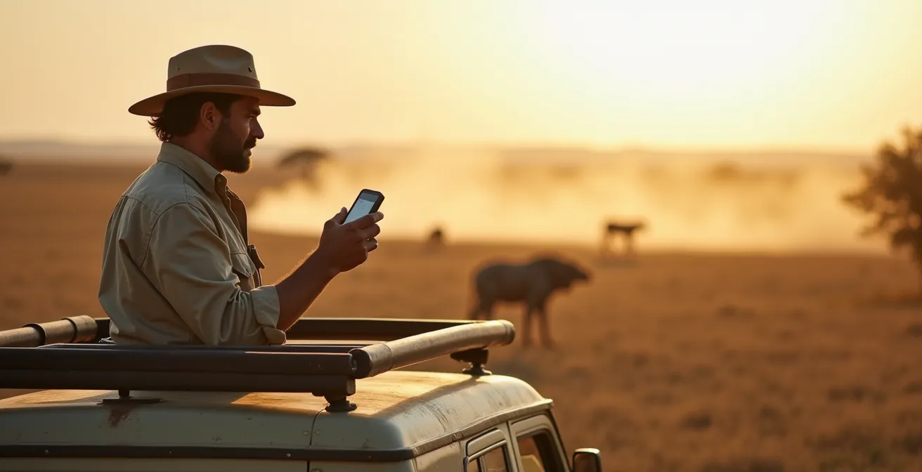 Guide mit GPS-Gerät verfolgt Tierwanderung in der afrikanischen Savanne
