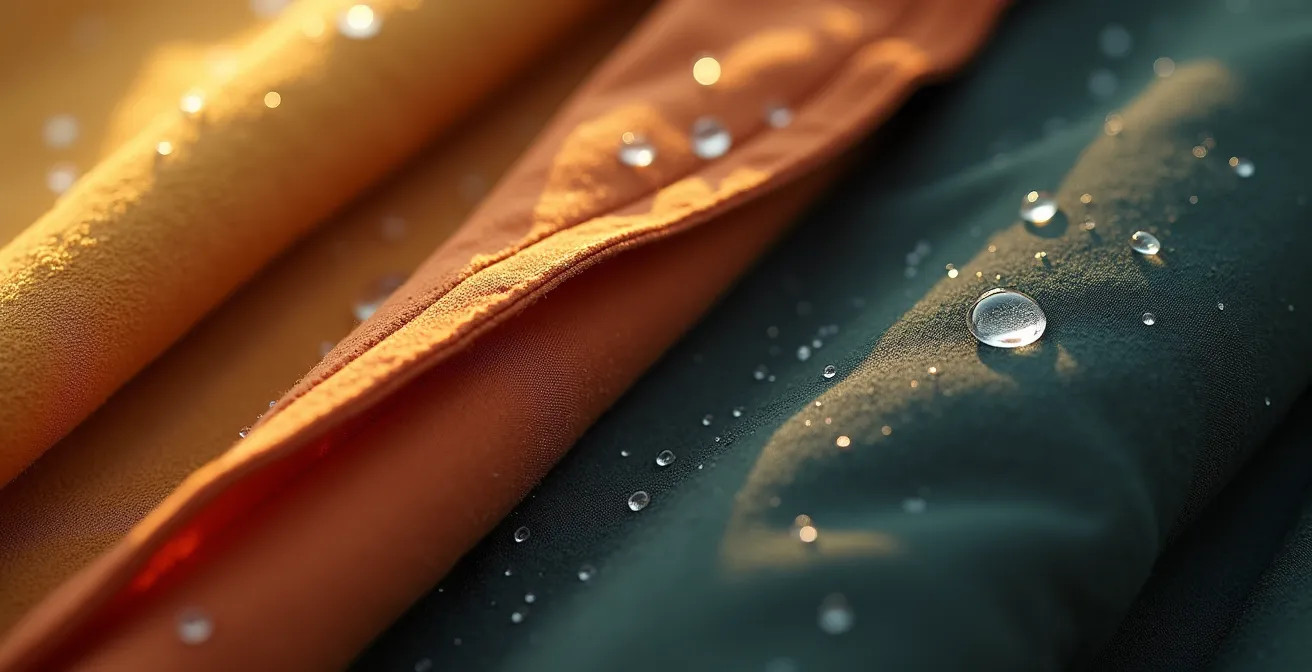 Detailaufnahme von verschiedenen Kleidungsschichten für das Zwiebelprinzip bei einer Safari, die Texturen von Merinowolle, Fleece und einer winddichten Außenschicht zeigt.