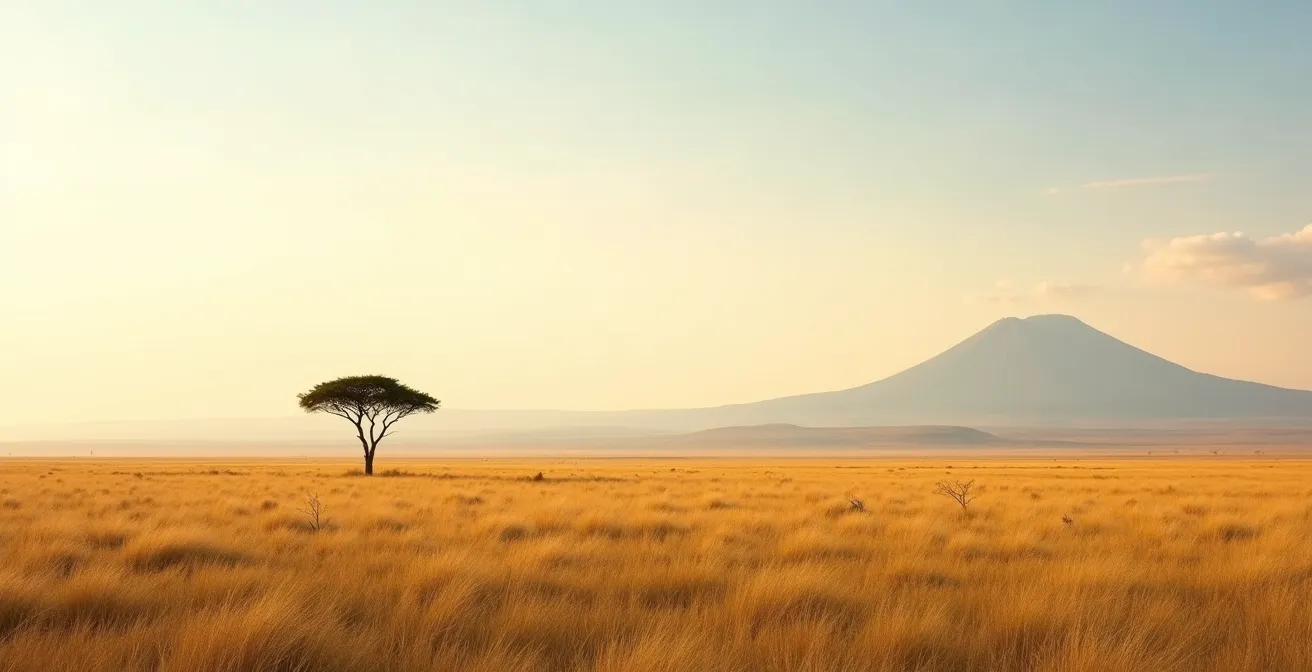 Weite Panoramaaufnahme der endlosen Serengeti mit einzelner Akazie und fernem Kilimandscharo am Horizont
