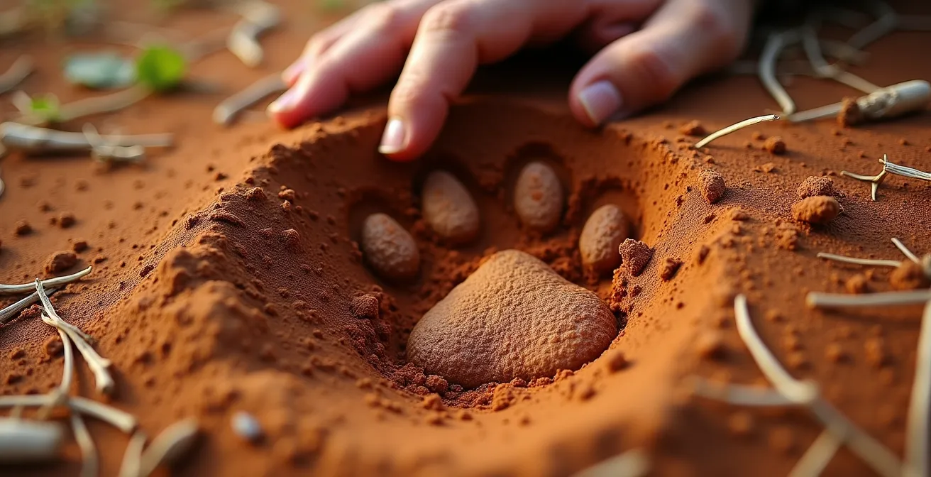 Nahaufnahme von frischen Löwenspuren im rötlichen Sand mit Guide-Hand als Größenvergleich