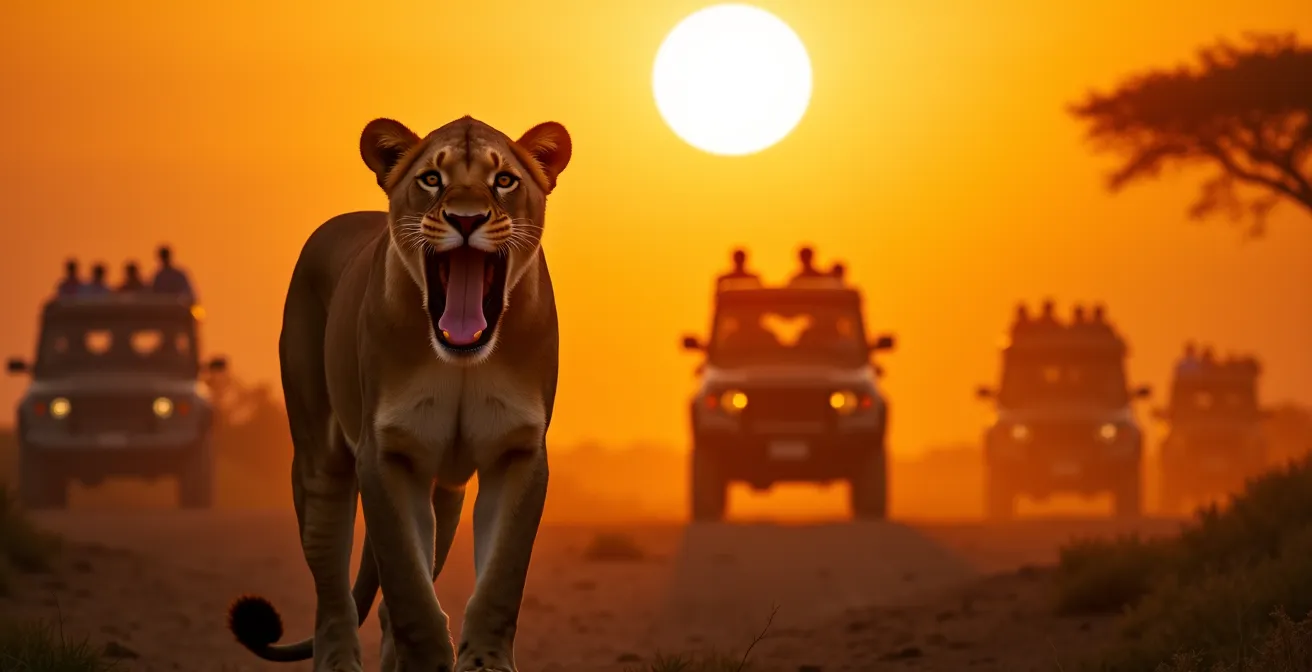 Löwin zeigt Stresssignale durch zu viele Safarifahrzeuge