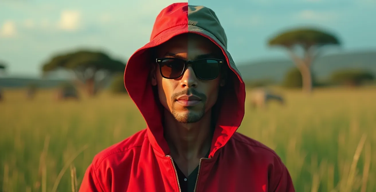 Vergleich der Farbwahrnehmung zwischen Mensch, der eine rote Jacke sieht, und einem Wildtier, das dieselbe Jacke als leuchtende Anomalie wahrnimmt.