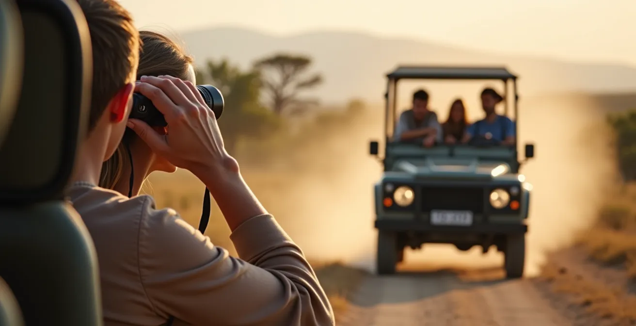 Safari-Fahrzeuge halten respektvollen Abstand zu einer Elefantenherde