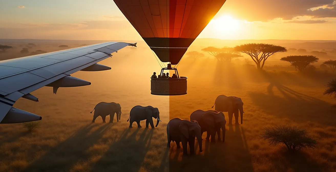 Splitscreen-Ansicht zeigt Kleinflugzeug über Savanne links und Heißluftballon über Tierherden rechts