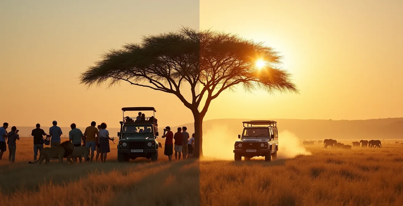 Geteiltes Bild zeigt überfüllte Touristenjeeps links und einen einsamen Jeep in weiter Savanne rechts