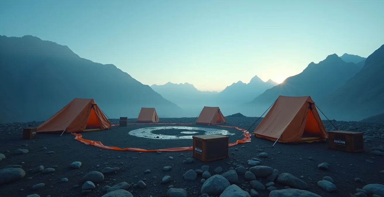 Weitwinkelaufnahme eines Expeditionscamps mit Helikopter-Landeplatz in alpiner Umgebung