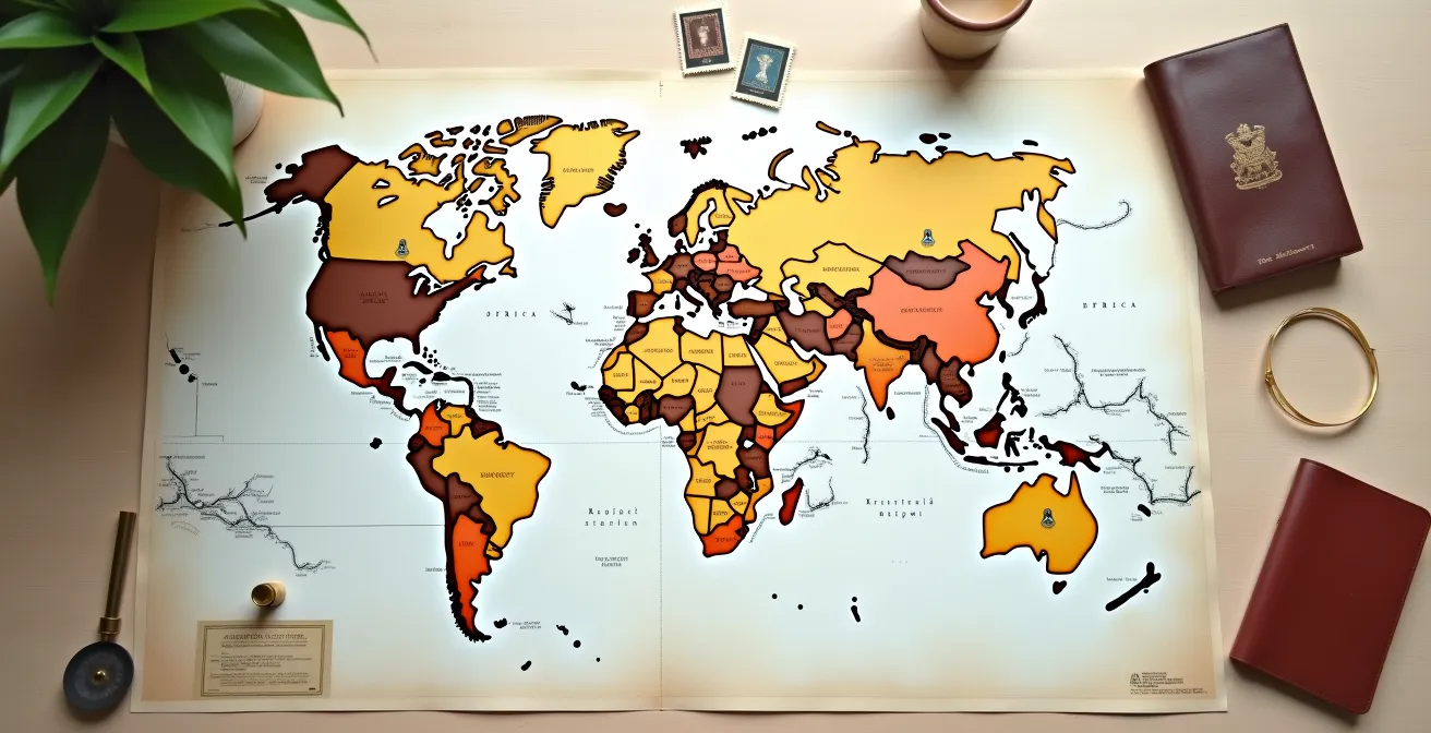 Afrikanische Landkarte mit vernetzten Visa-Antragsrouten zwischen verschiedenen Ländern