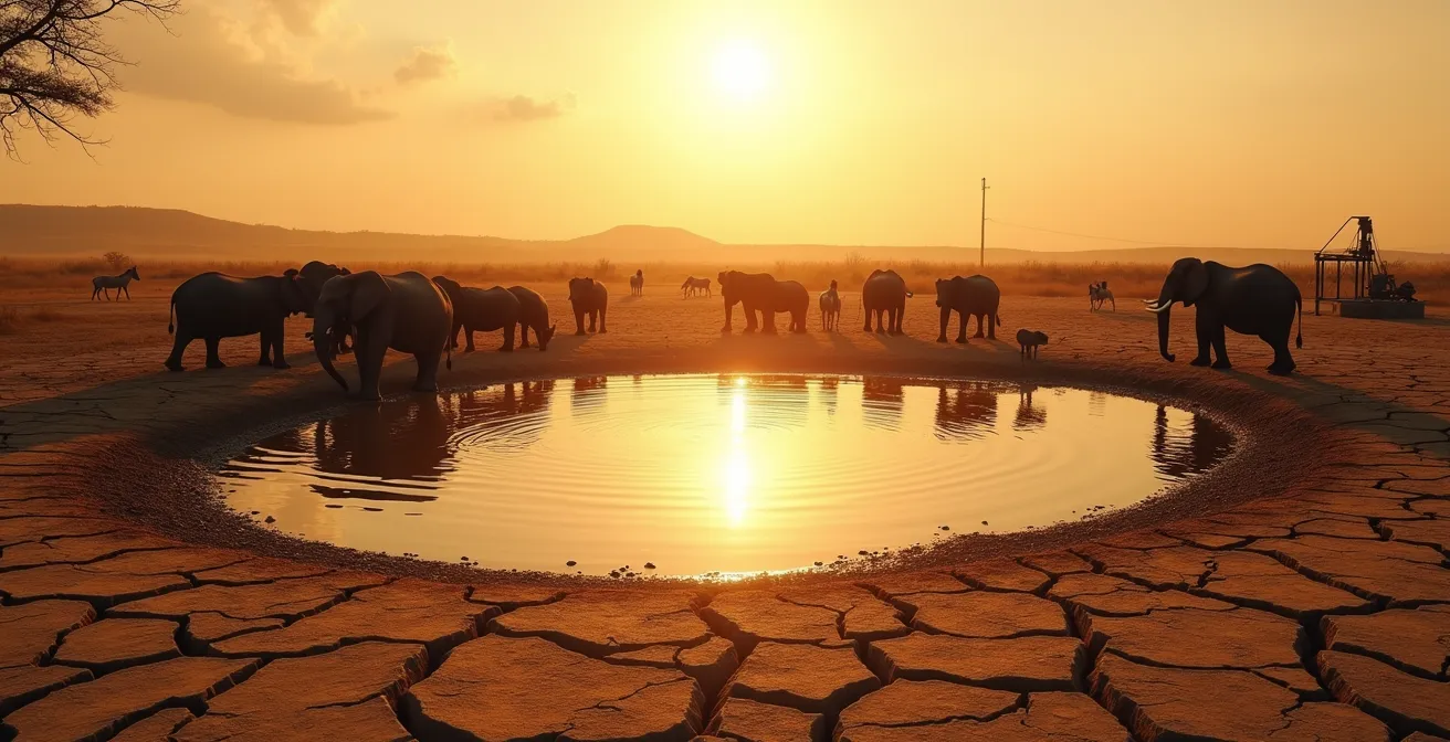 Ausgetrocknetes Wasserloch mit wartenden Wildtieren in afrikanischer Trockenzeit