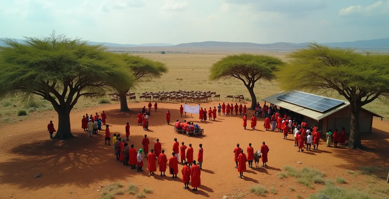 Gemeindemitglieder bei Conservancy-Versammlung mit traditioneller Kleidung