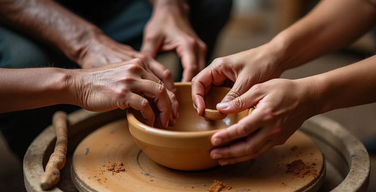 Wissensaustausch zwischen Reisenden und Dorfbewohnern durch gemeinsames Handwerk