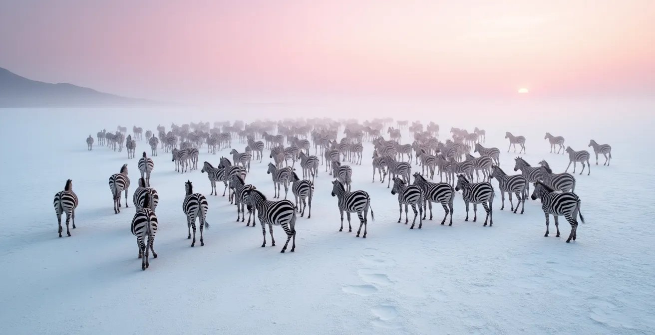 Zebraherde durchquert die weiten Salzpfannen der Makgadikgadi-Wüste bei Sonnenaufgang