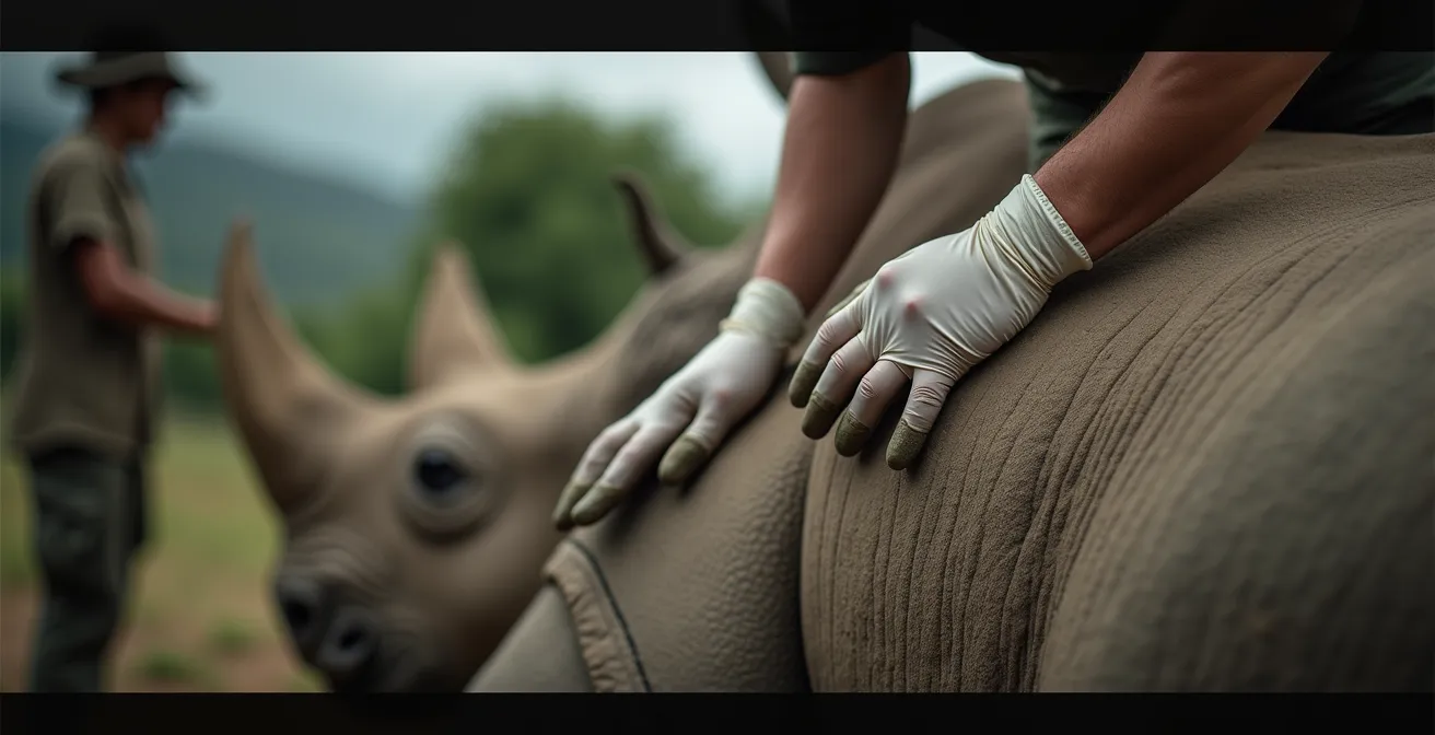Betäubtes Nashorn während veterinärmedizinischer Untersuchung im Feld