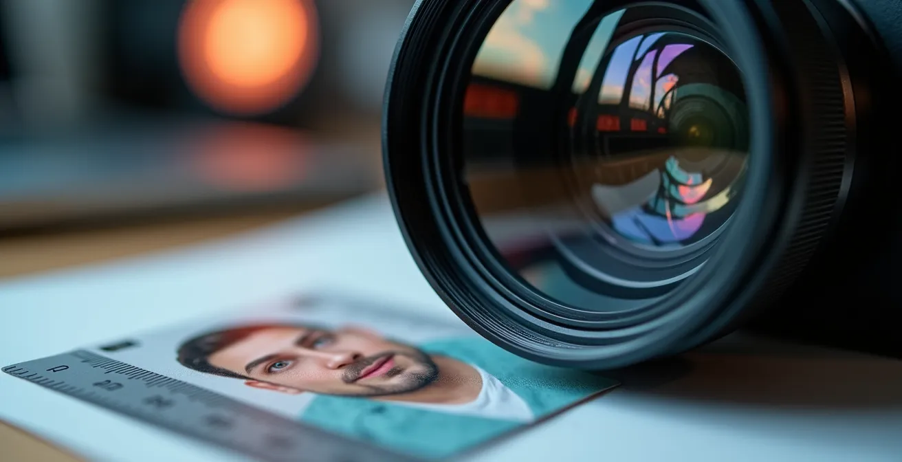 Makroaufnahme eines professionellen Passfoto-Setups mit Beleuchtung