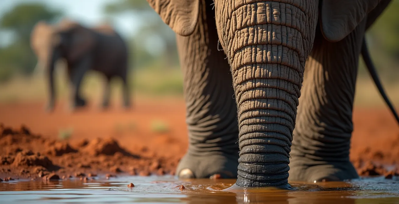 Elefantenherde am Wasserloch, beobachtet von einer erhöhten Lodge-Terrasse