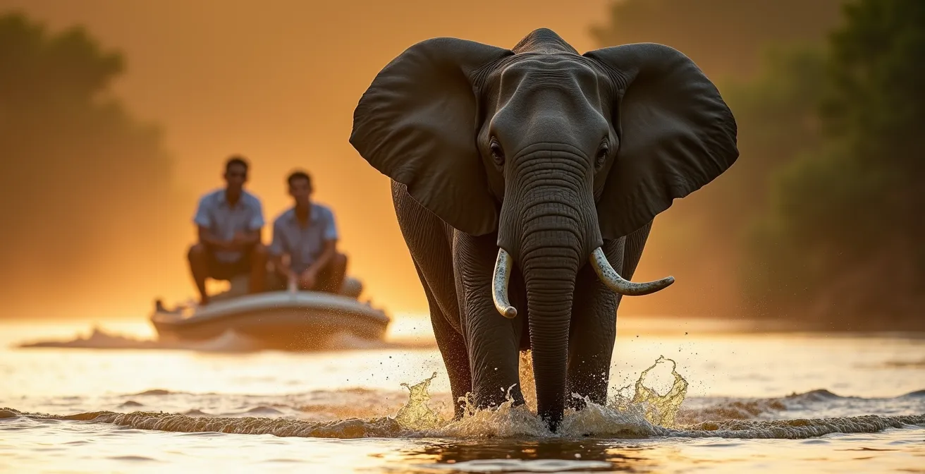 Elefantenbulle überquert Fluss mit sicherem Abstand zum Beobachtungsboot