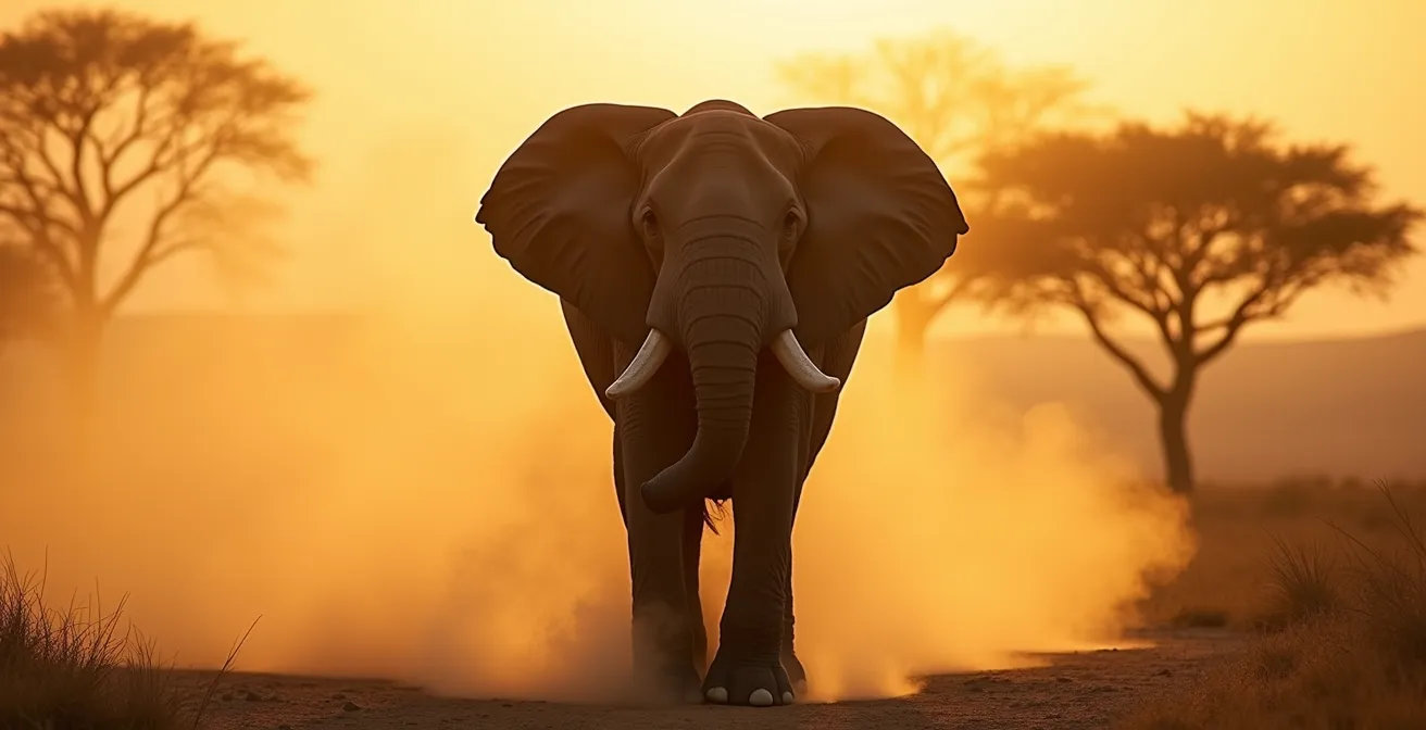 Elefantenbulle in Drohgebärde mit abgespreizten Ohren im staubigen Busch