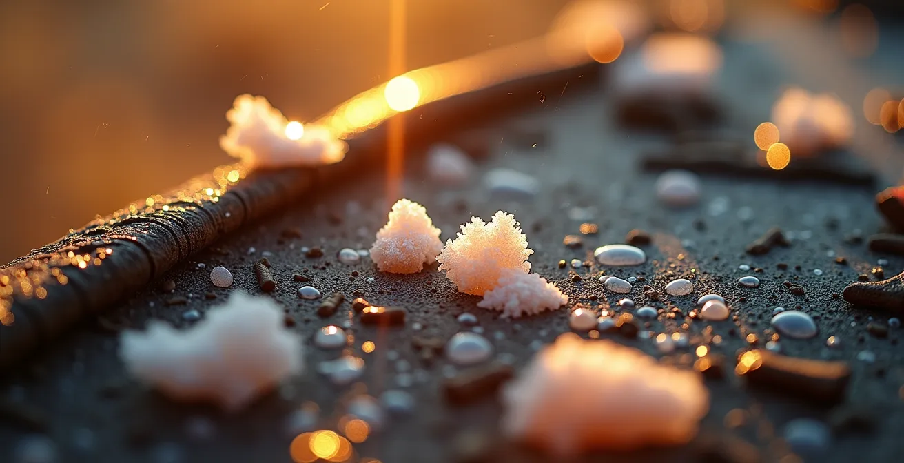 Makroaufnahme von Salzkristallen und Wassertropfen auf Expeditionsausrüstung