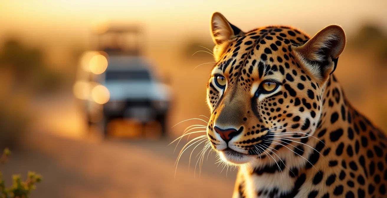 Einzelnes Safari-Fahrzeug beobachtet einen Leoparden in einem privaten Wildreservat aus respektvoller Entfernung