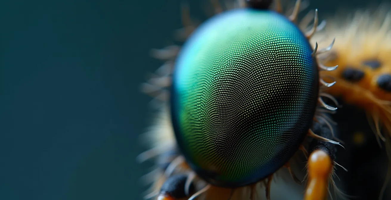 Extreme Makroaufnahme eines Insektenauges mit sichtbarer Facettenstruktur
