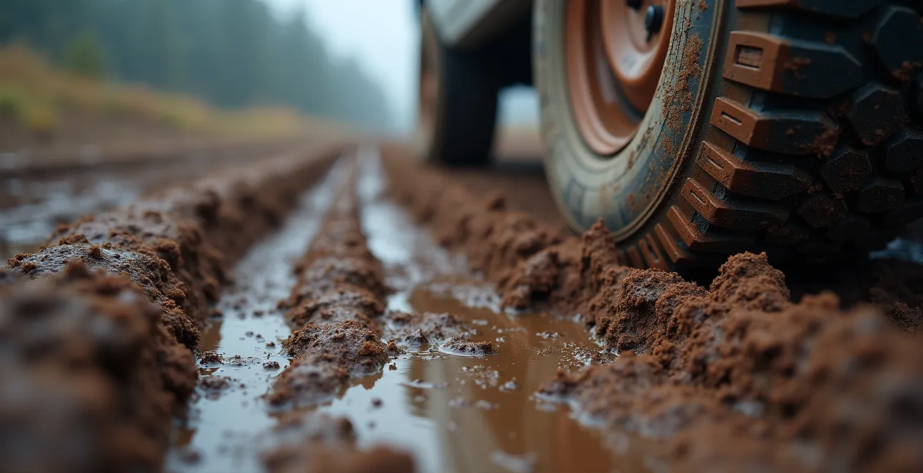Safari-Fahrzeug im Schlamm festgefahren während grüner Saison mit Kälteausrüstung