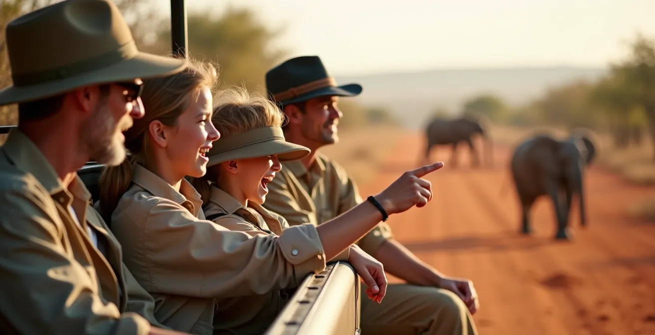 Familie mit Kleinkindern beobachtet Elefanten in malariafreier Safari-Lodge