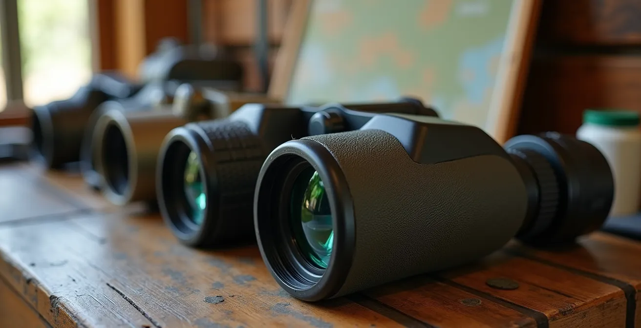 Verschiedene Ferngläser zur Miete für Safari aufgereiht auf Holztisch
