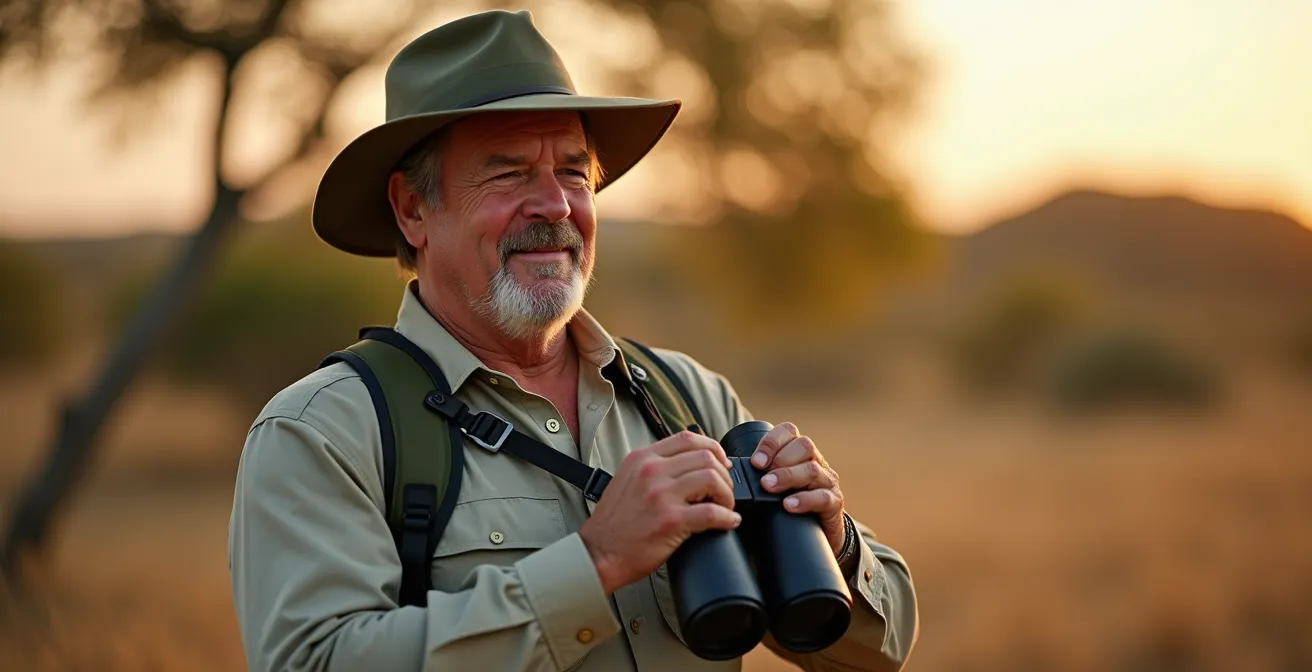 Safari-Guide demonstriert ergonomisches Fernglas-Geschirr mit Schulterverteilung