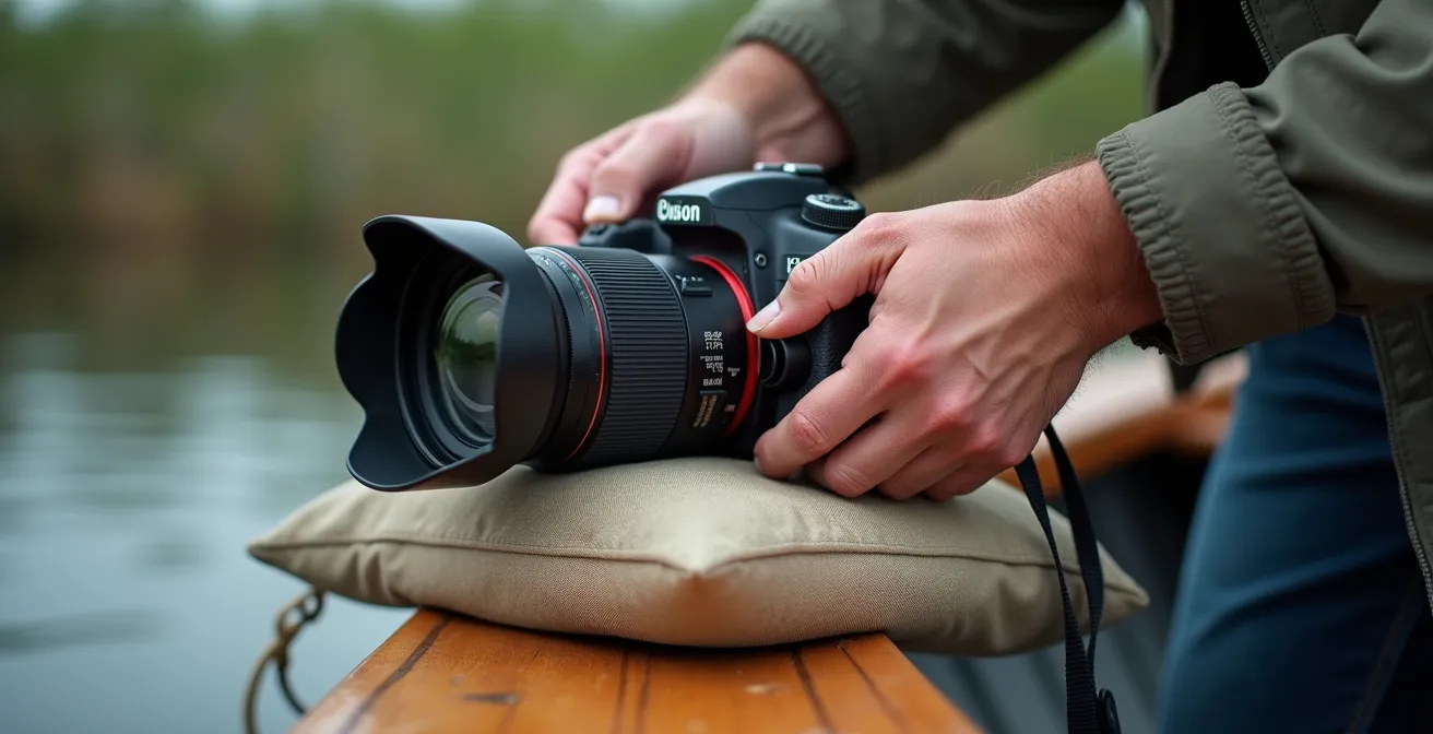 Fotograf nutzt Bohnensack zur Kamerastabilisierung auf Bootsreling während Safari