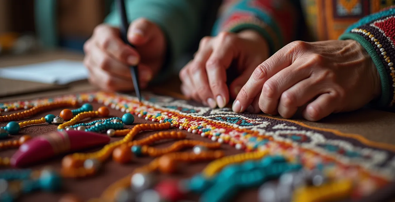 Frauen bei traditioneller Perlenarbeit mit respektvollen Besuchern