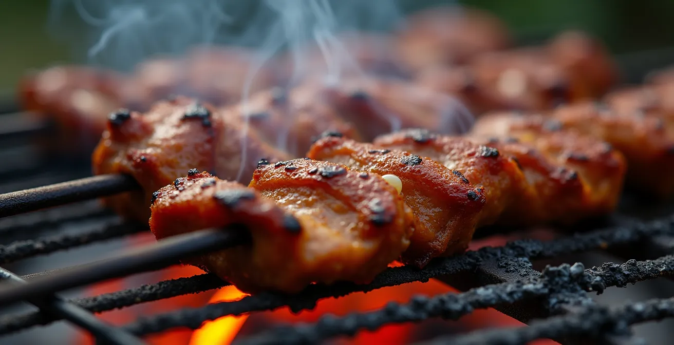 Grillstände auf einem afrikanischen Markt mit rauchenden Fleischspießen und lokalem Gemüse