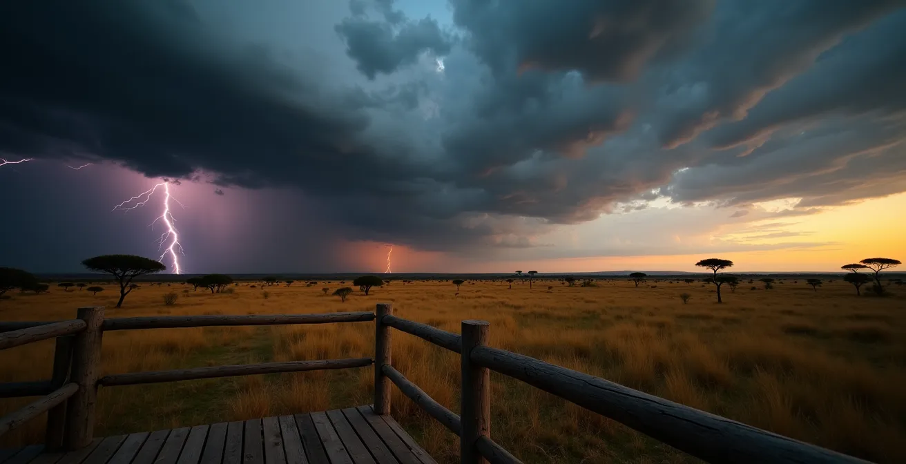 Dramatisches Gewitter über der afrikanischen Savanne aus sicherer Entfernung fotografiert