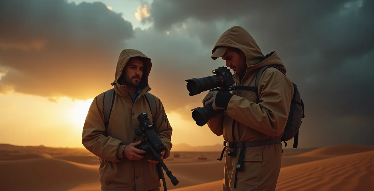 Fotograf mit Kameraausrüstung während dramatischem Wüstengewitter bei Temperatursturz