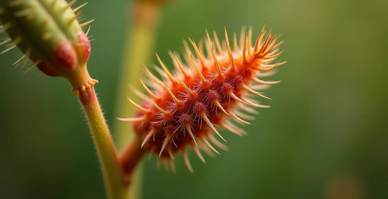 Detailaufnahme einer giftigen Savannenpflanze mit charakteristischen Warnfarben