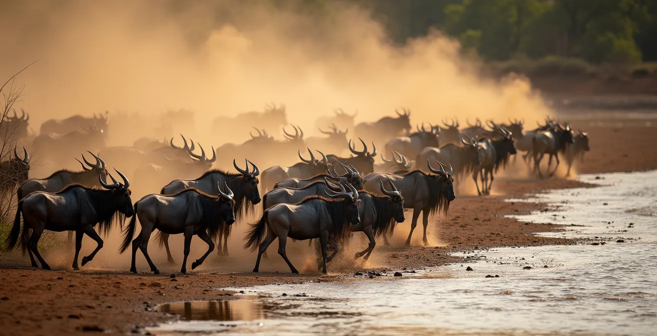 Gnus am Ufer des Mara-Flusses kurz vor der Überquerung, die Spannung vor dem Sprung ist spürbar.