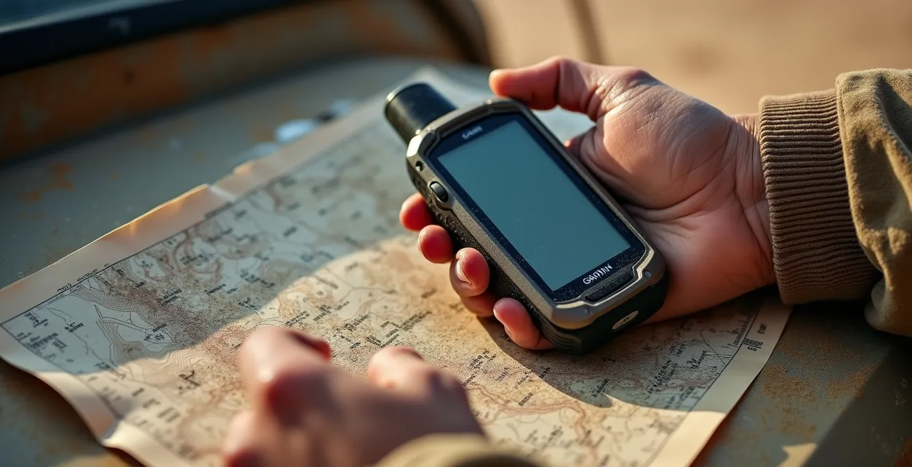 Nahaufnahme von GPS-Gerät neben gefalteter topografischer Karte auf Fahrzeughaube