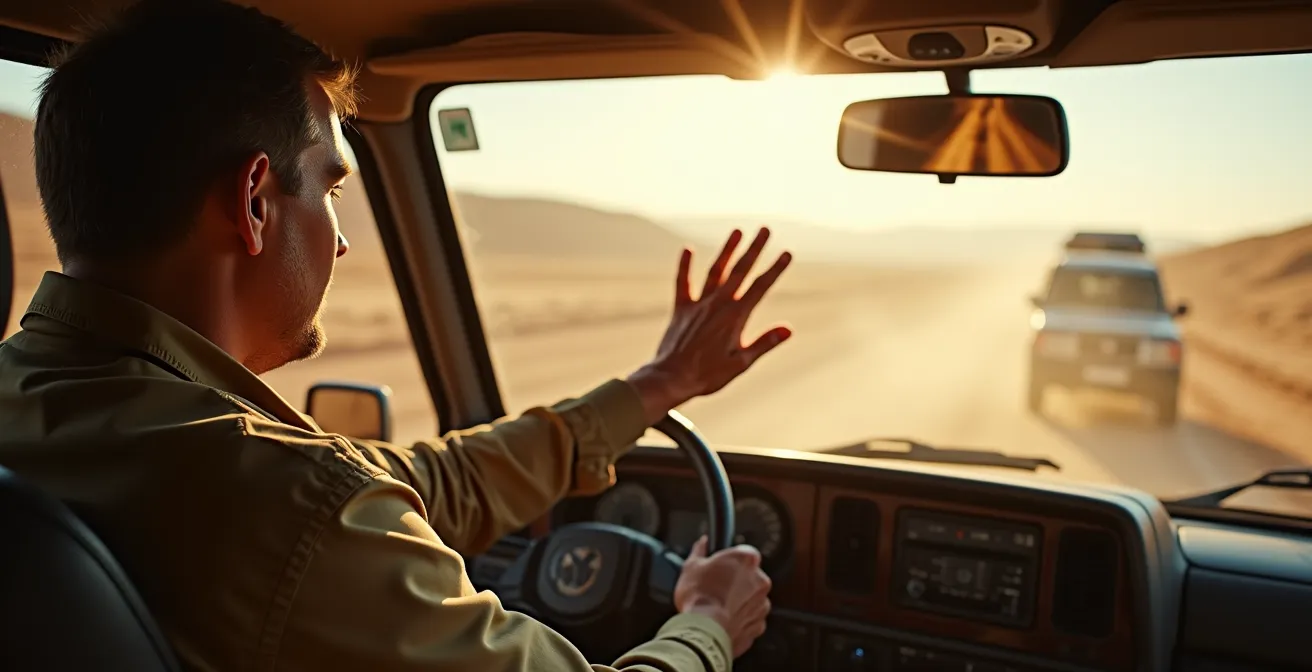 Safari-Guide im vorausfahrenden Fahrzeug zeigt während der Fahrt ein warnendes Handzeichen an den nachfolgenden Konvoi.
