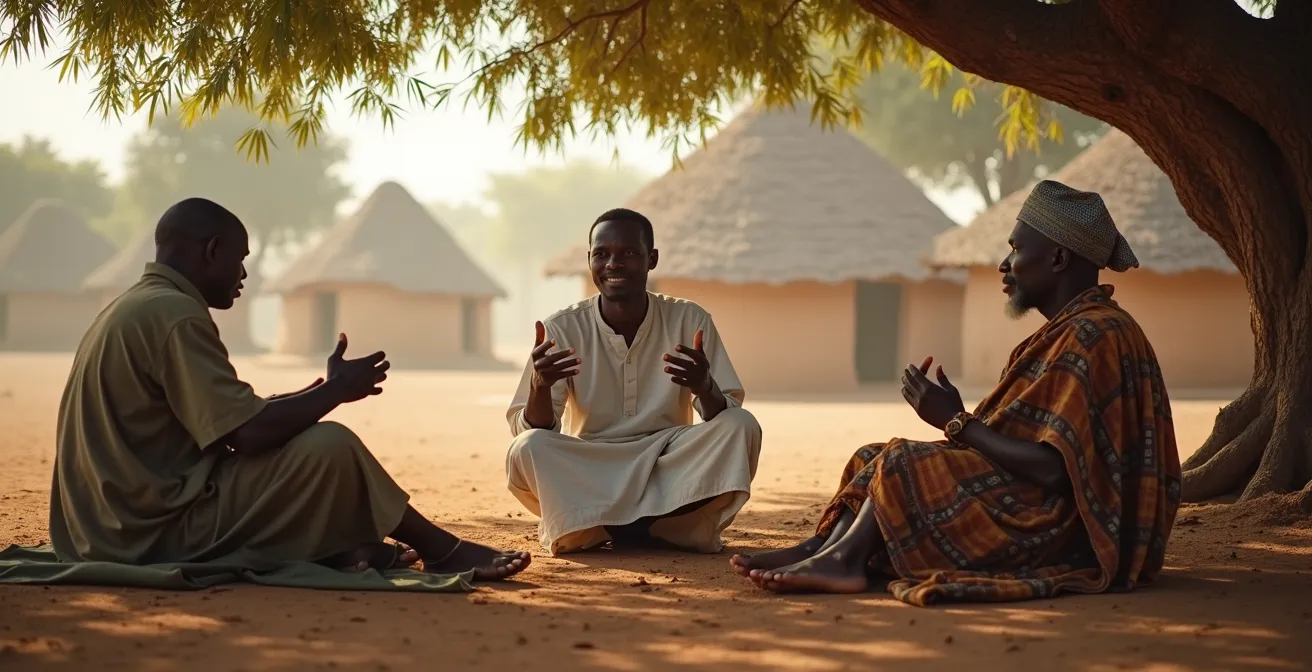 Lokaler Guide übersetzt zwischen Dorfältesten und Besuchern in traditioneller Umgebung