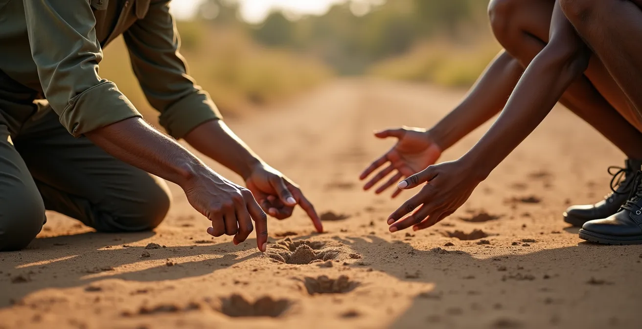 Lokaler Guide demonstriert Tierspuren im Sand durch Gesten