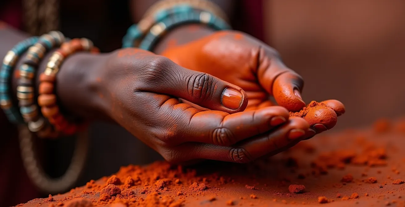 Himba-Frau bei alltäglicher Tätigkeit in ihrem Dorf ohne touristische Inszenierung