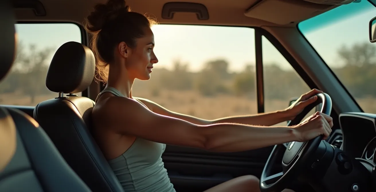 Detailaufnahme isometrischer Rückenübung im Geländewagen