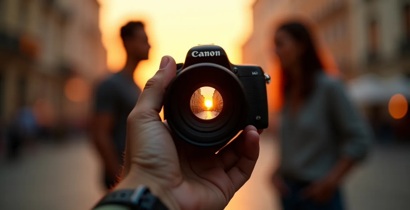 Symbolische Darstellung einer Kamera, die eine unsichtbare Mauer zwischen einem Touristen und einer indigenen Person schafft