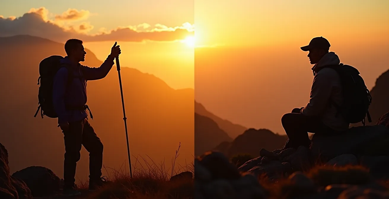 Zwei Bergsteiger-Silhouetten vor unterschiedlichen Bergkulissen, die verschiedene Persönlichkeitstypen repräsentieren
