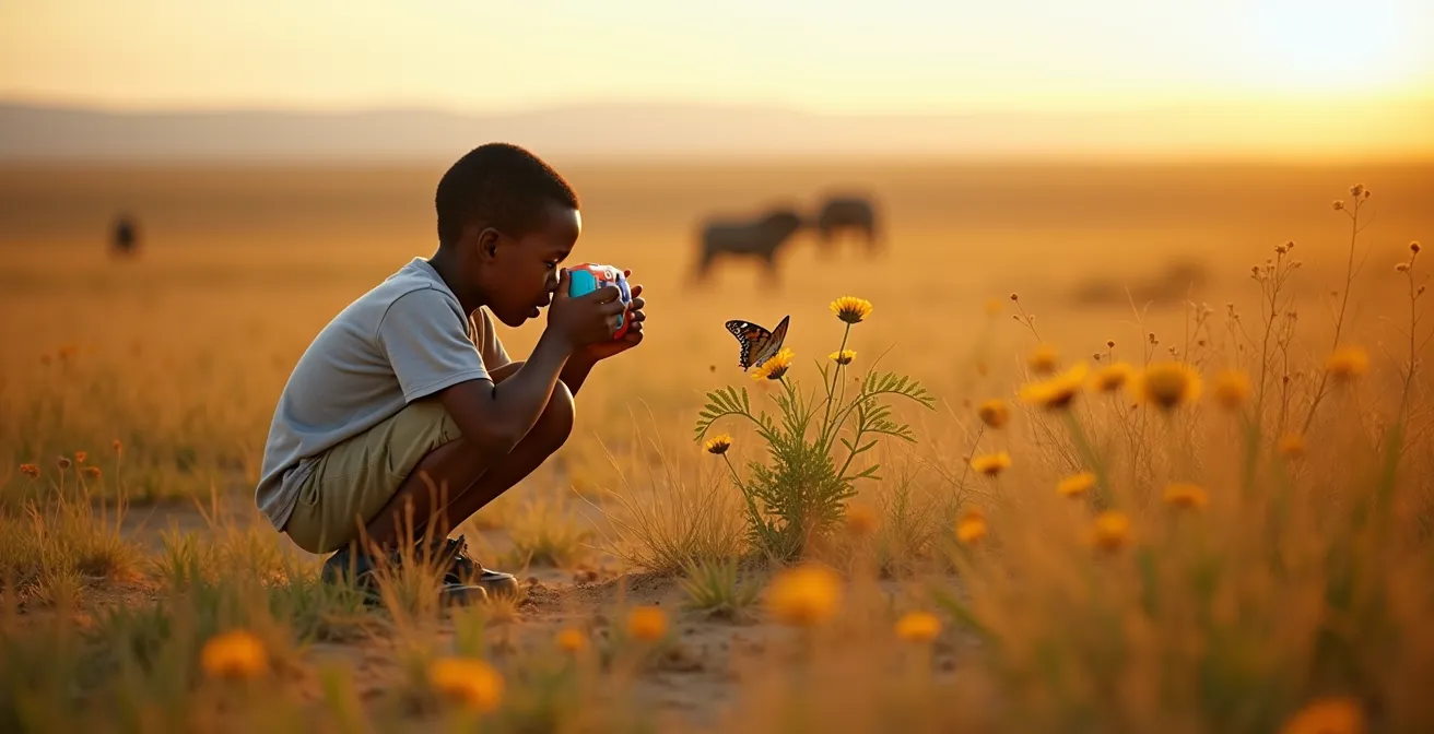 Kind fotografiert konzentriert mit bunter Digitalkamera einen Schmetterling