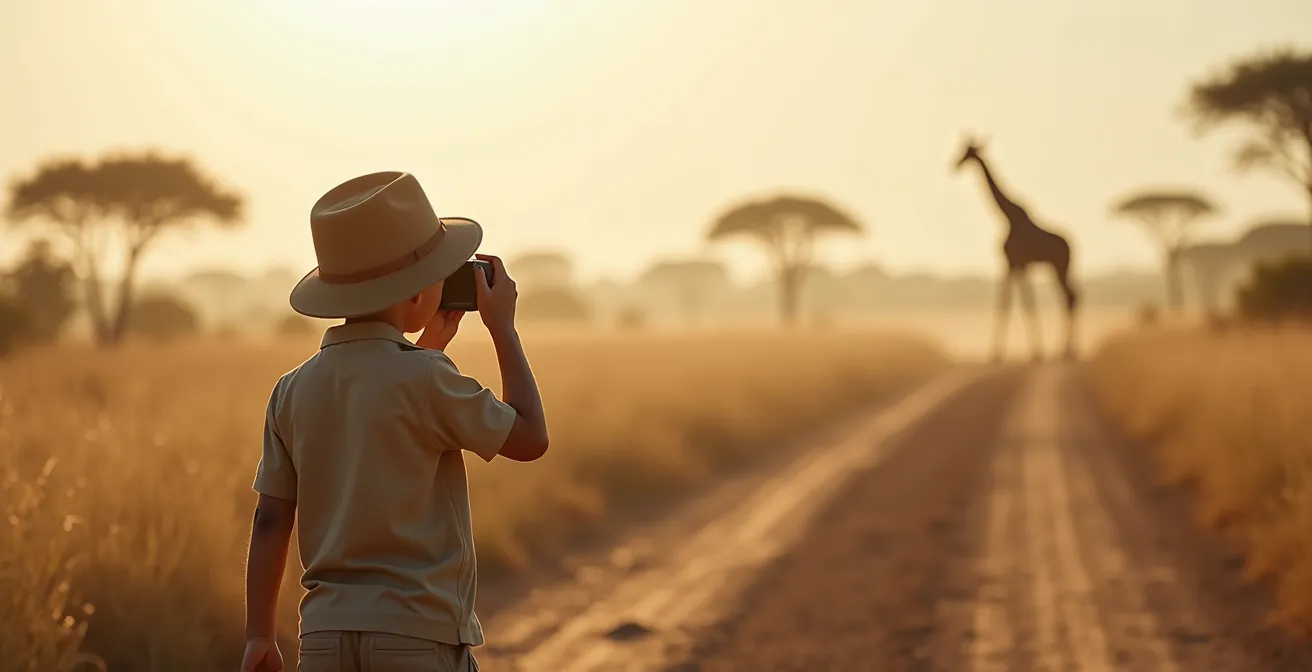 Kind mit Kamera fotografiert eine Giraffe während einer Safari in Afrika.